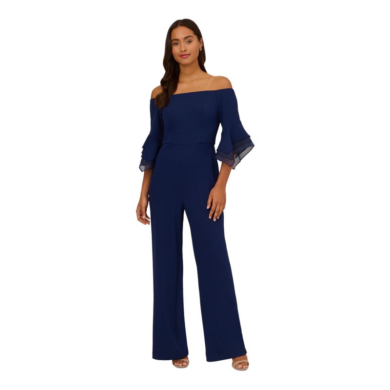 Adrianna Papell Womens Navy Ruffle Trim Cuffs Wide Leg Jumpsuit Petites 10p
